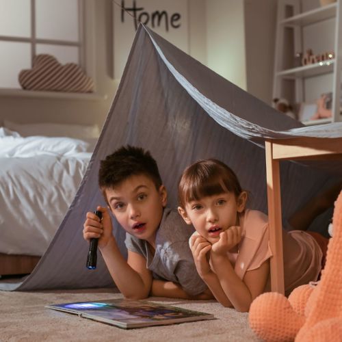 Two siblings reading a comic in a den in their bedroom